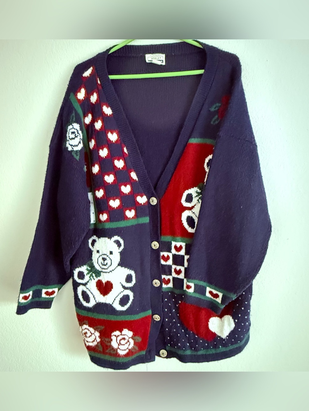 Vintage Adele Knitwear Teddy Bear Navy & Burgundy Hearts Knit Sweater Cardigan